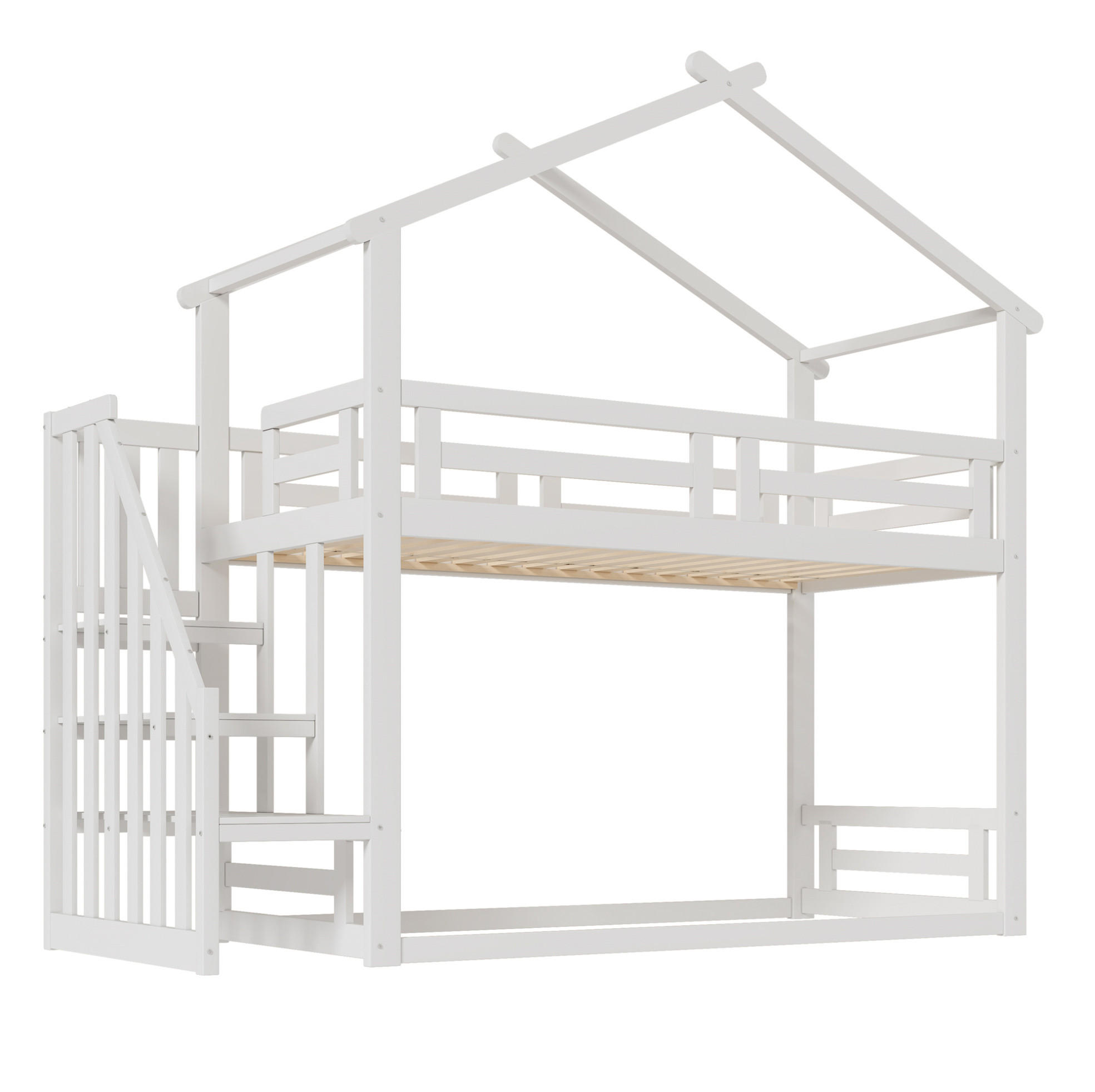 HAUSBETT 90/200 cm aus Massivholz in Weiß mit Sicherheitsleiter - Weiß, Holz (90/200cm) - BEAOK