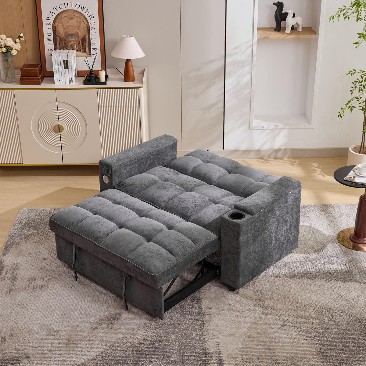 SCHLAFSOFA 140,5/74/82 cm in Grau – ausziehbar mit USB und verstecktem Tisch - Grau, Textil (140.5/82/74cm) - BEAOK