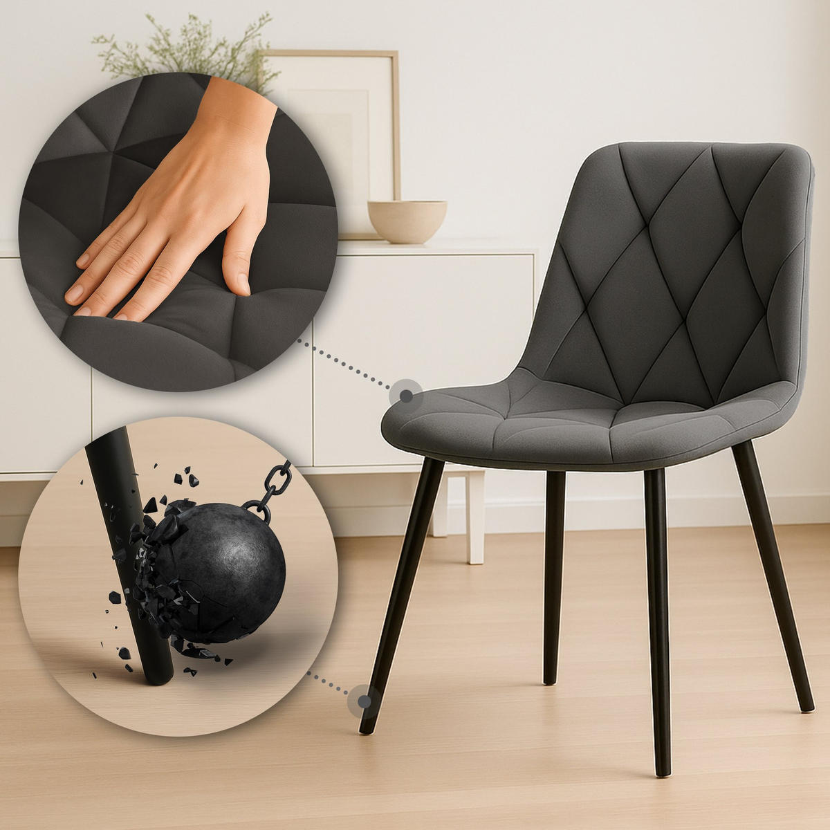 STUHL 2er Set Samt Anthrazit - Anthrazit/Schwarz, Textil/Metall (45/85/55cm) - CLP