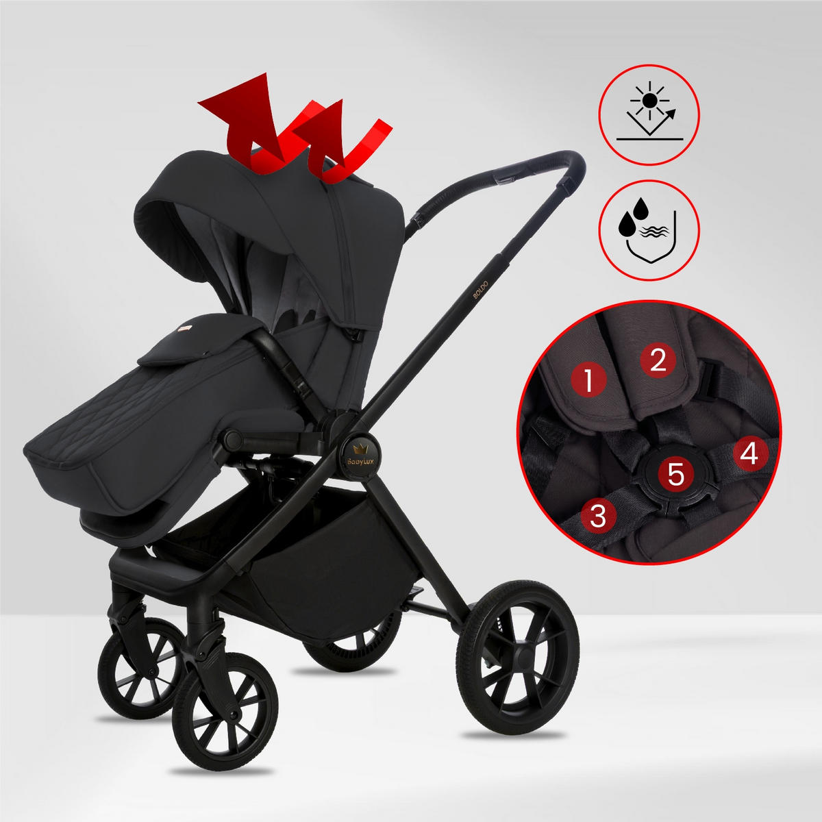 KINDERWAGEN Boldo 3in1 Schwarz Babywanne, Buggy Sportsitz, Babyschale I-Size - Schwarz, Textil/Metall (58/98cm) - BabyLux