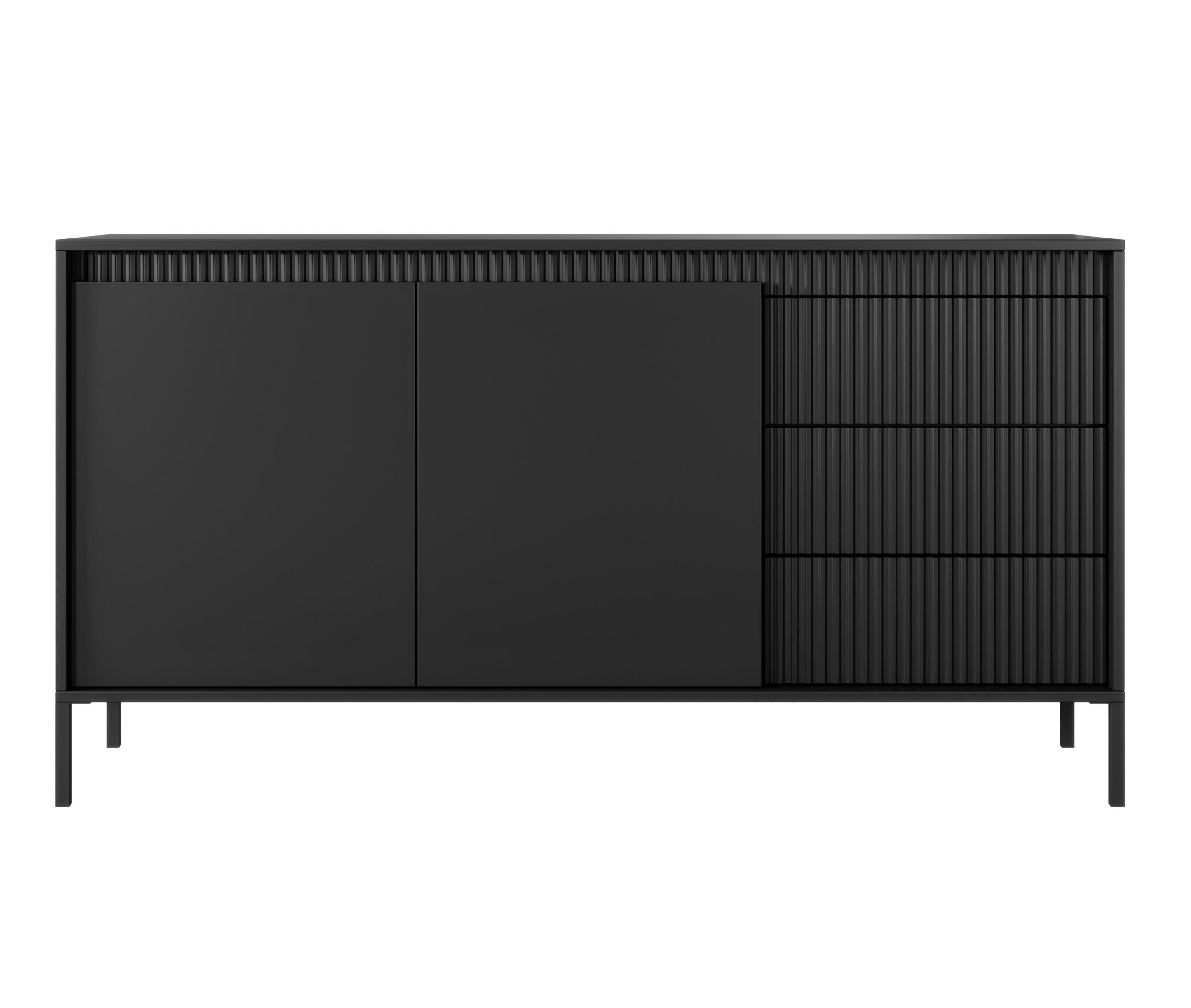 SIDEBOARD Trentinis 2T 3S Schwarz 153,5/81,4/39,5 cm – Geriffelten Fronten - Schwarz, Holzwerkstoff/Metall (153.5/81.4/39.5cm) - AX Living