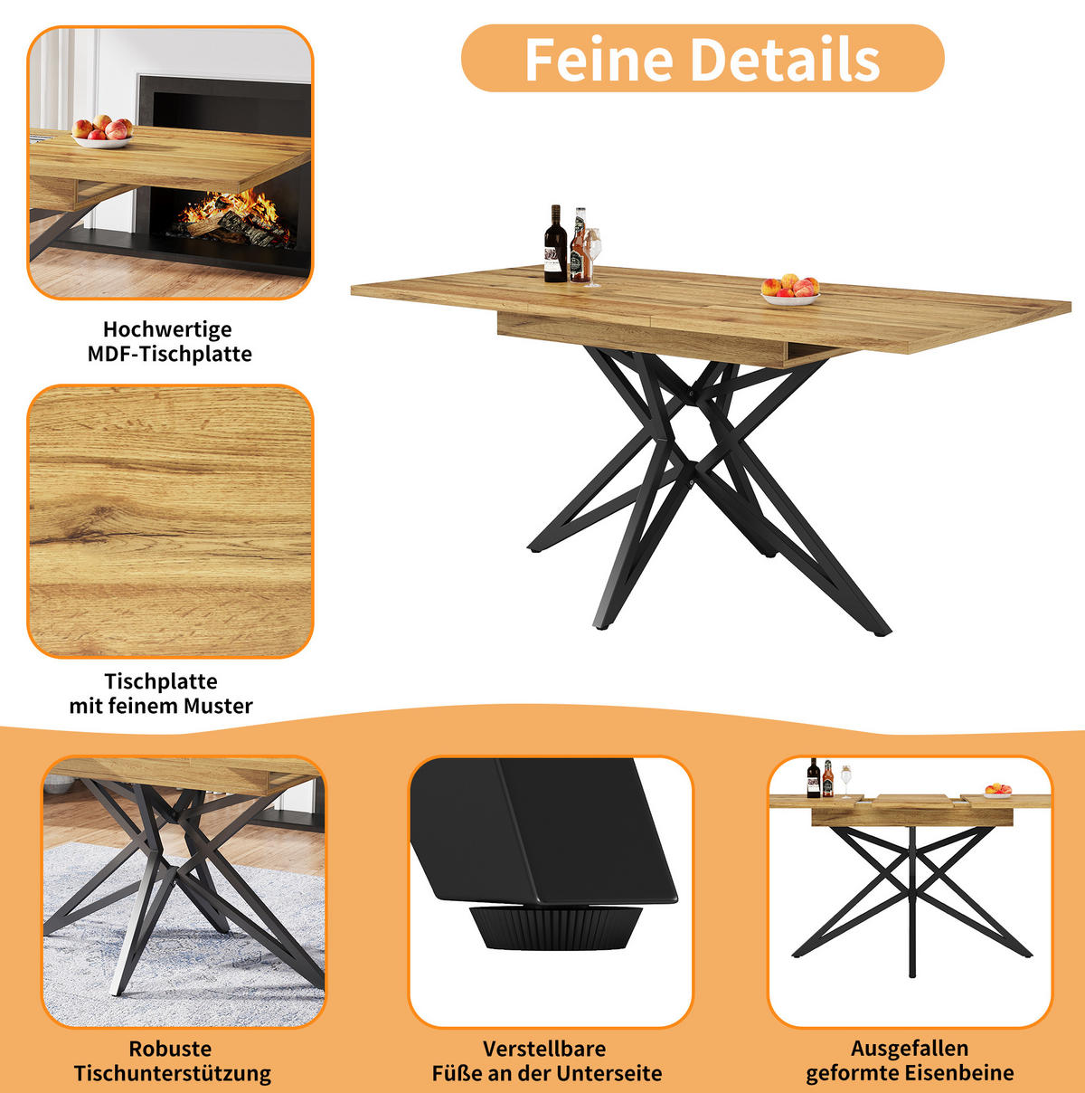 ESSTISCH 120/160/80 cm in Walnussfarben ausziehbar mit sternförmigem Metallgestell - Braun, Holzwerkstoff (120/80/66.1cm) - Flora Grace