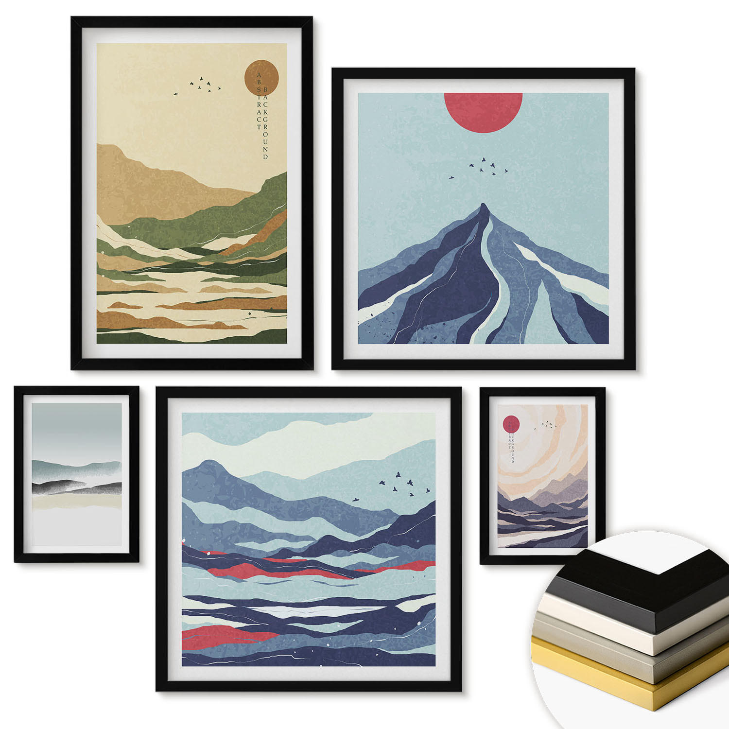 WANDBILDER 5er-Set - 50x50 cm & 20x30 cm & 40x60 cm Schwarzer Rahmen - Berge minimalistische Pastellfarben - Schwarz, Kunststoff (40/60cm) - ArtPrintCave