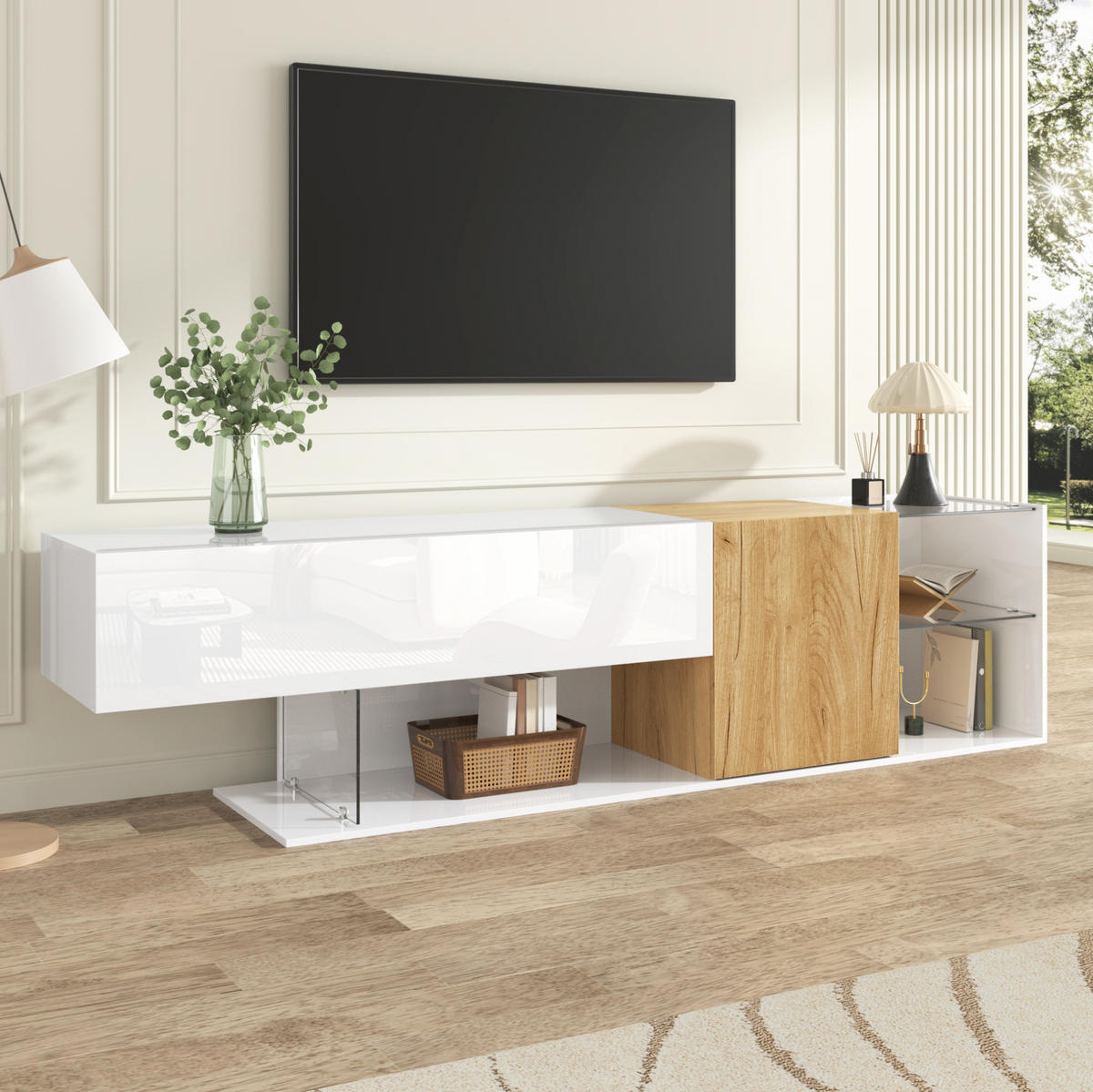 LOWBOARD TV-Kommode 180/38/48 cm aus Spanplatte mit Glasregalen und Stauraum Weiß/Natur - Weiß, Holzwerkstoff (180/48/38cm) - Modenvie