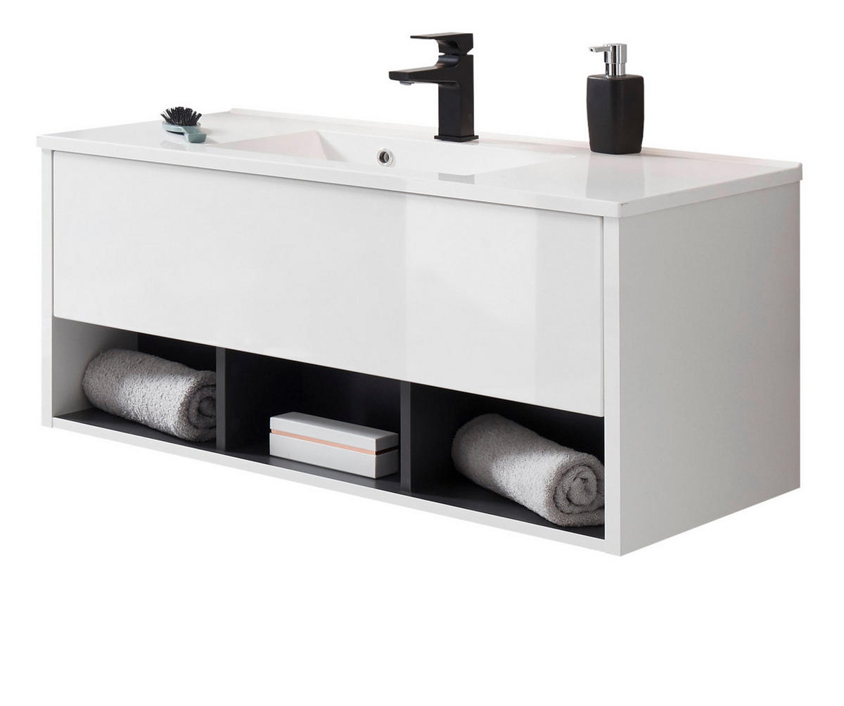 WASCHBECKENUNTERSCHRANK mit Waschbecken weiß Hochglanz, grau 100 cm - Weiß Hochglanz/Grau, Holzwerkstoff (100/44/47cm) - Furn.Design
