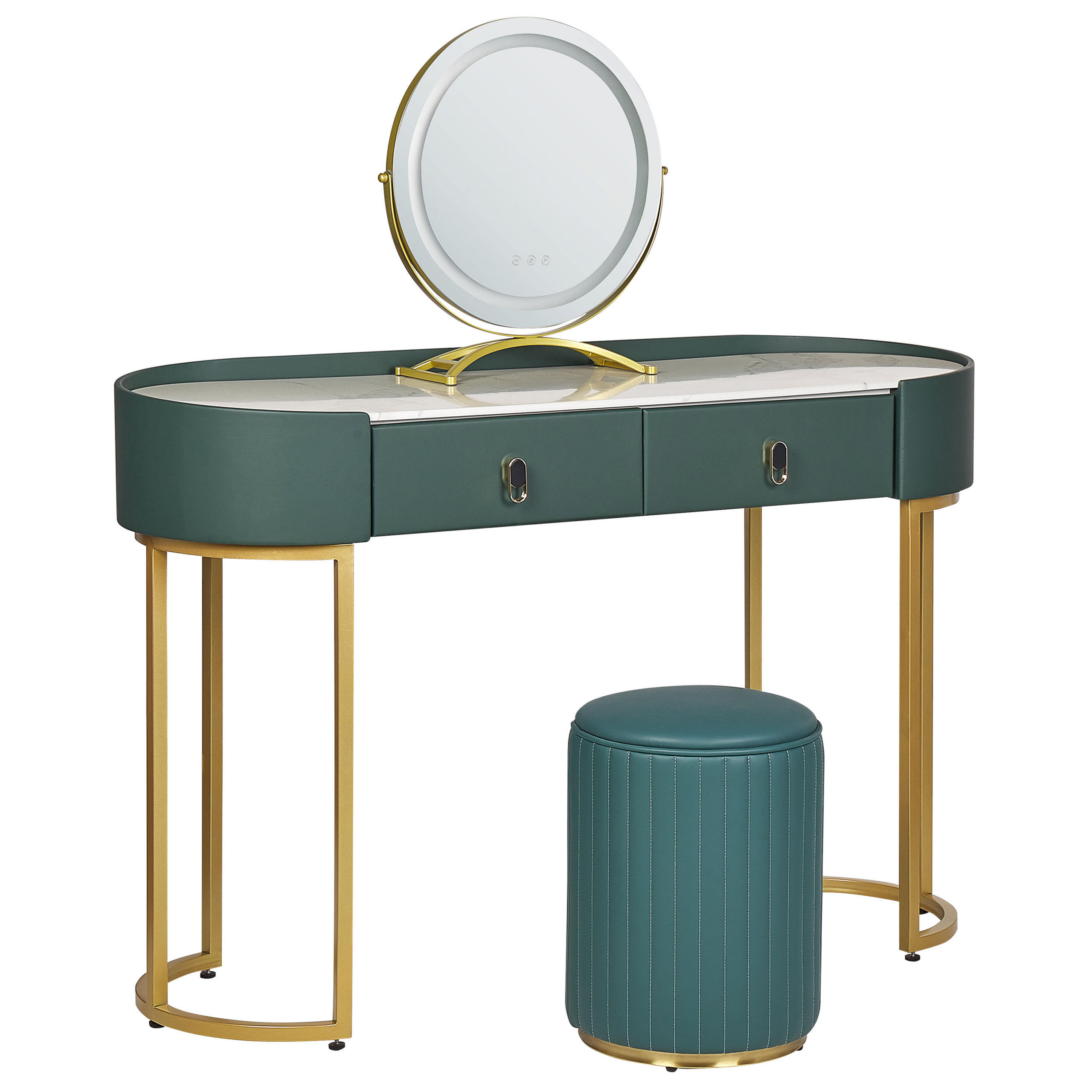 SCHMINKTISCH mit rundem LED-Spiegel Hocker 2 Schubladen dunkelgrün/gold Vinax - Goldfarben/Grün, Holzwerkstoff (118/125/39cm) - Beliani
