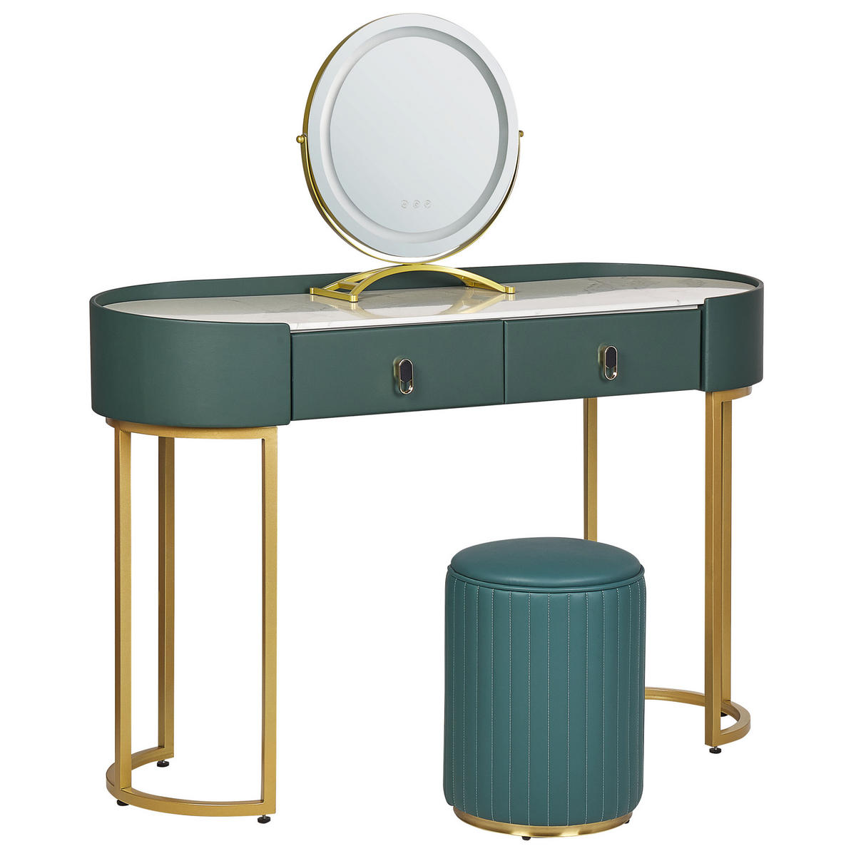 SCHMINKTISCH mit rundem LED-Spiegel Hocker 2 Schubladen dunkelgrün/gold Vinax - Goldfarben/Grün, Holzwerkstoff (118/125/39cm) - Beliani