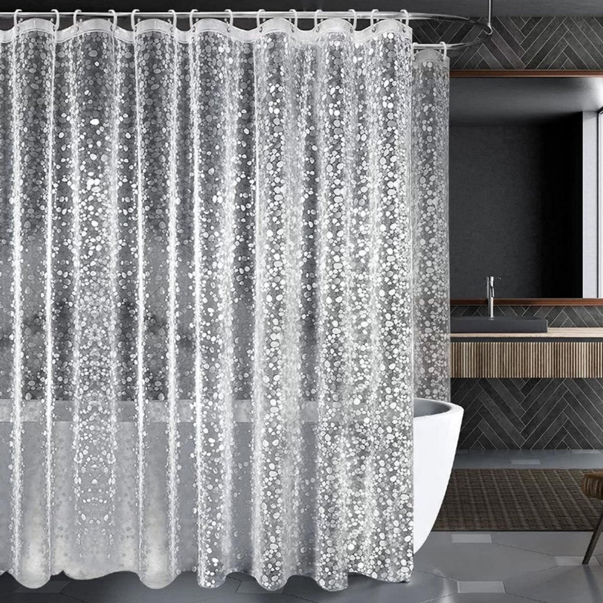 DUSCHVORHANG Transparent Kiesel Muster PEVA 120 x 180 cm schimmelresistent wasserdicht Ringe - Silberfarben/Weiß, Textil (120/180cm) - MCBOSON