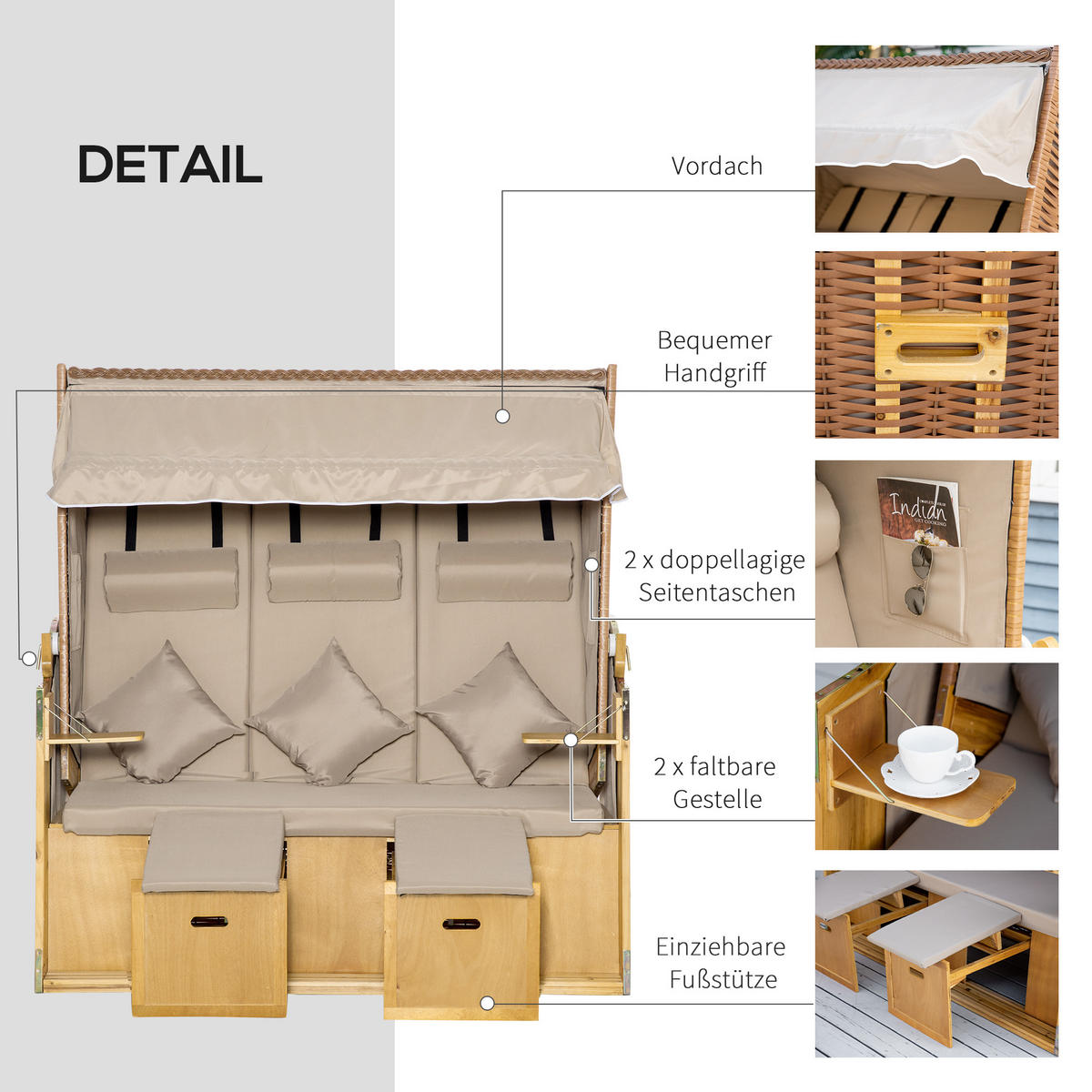STRANDKORB 3-SITZER DE-06691 5-stufig verstellbar, mit Dach & Tischen Natur - Naturfarben, Holz/Kunststoff (150/160/79cm) - ComfortXL