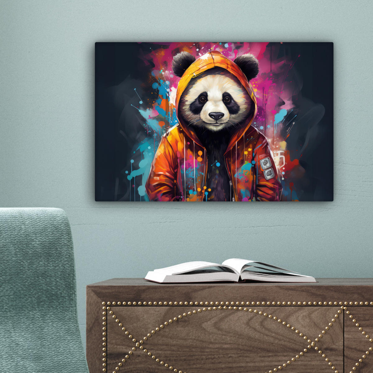 LEINWANDBILD Panda - Jacke - Graffiti - Orange 30x20 cm - Orange, Textil (30/20cm) - MuchoWow
