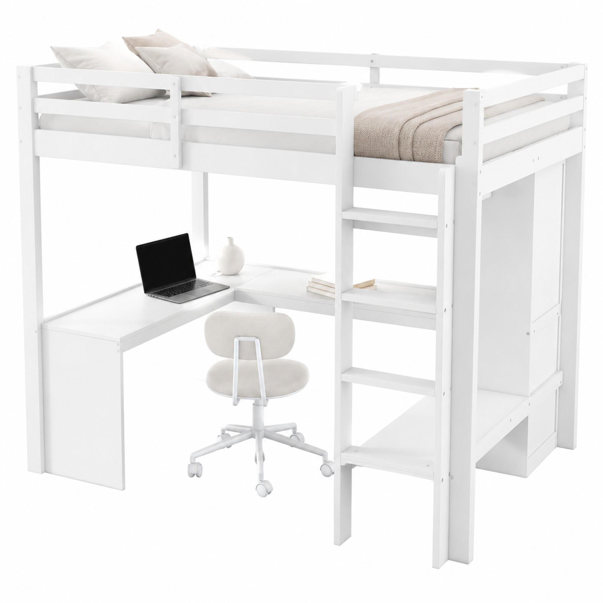 HOCHBETT mit Schreibtisch 140x200 cm Weiß mit Regalen und Kleiderschrank - Weiß, Holz (140/200cm) - Meubliv
