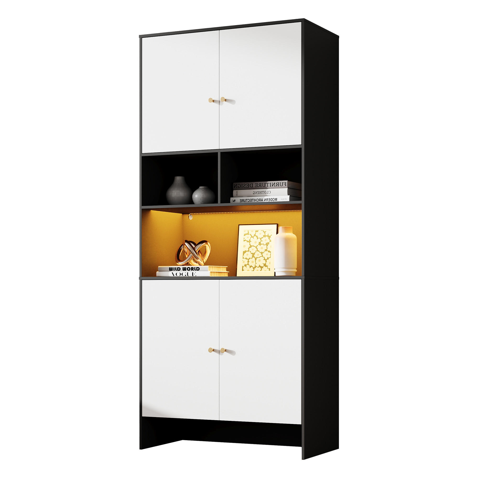 MEHRZWECKSCHRANK in Schwarz und Weiß mit LED-Beleuchtung für Wohnzimmer und Küche, B80/T40/H185 cm - Schwarz/Weiß, Holzwerkstoff/Metall (80/185/40cm) - STILVORA