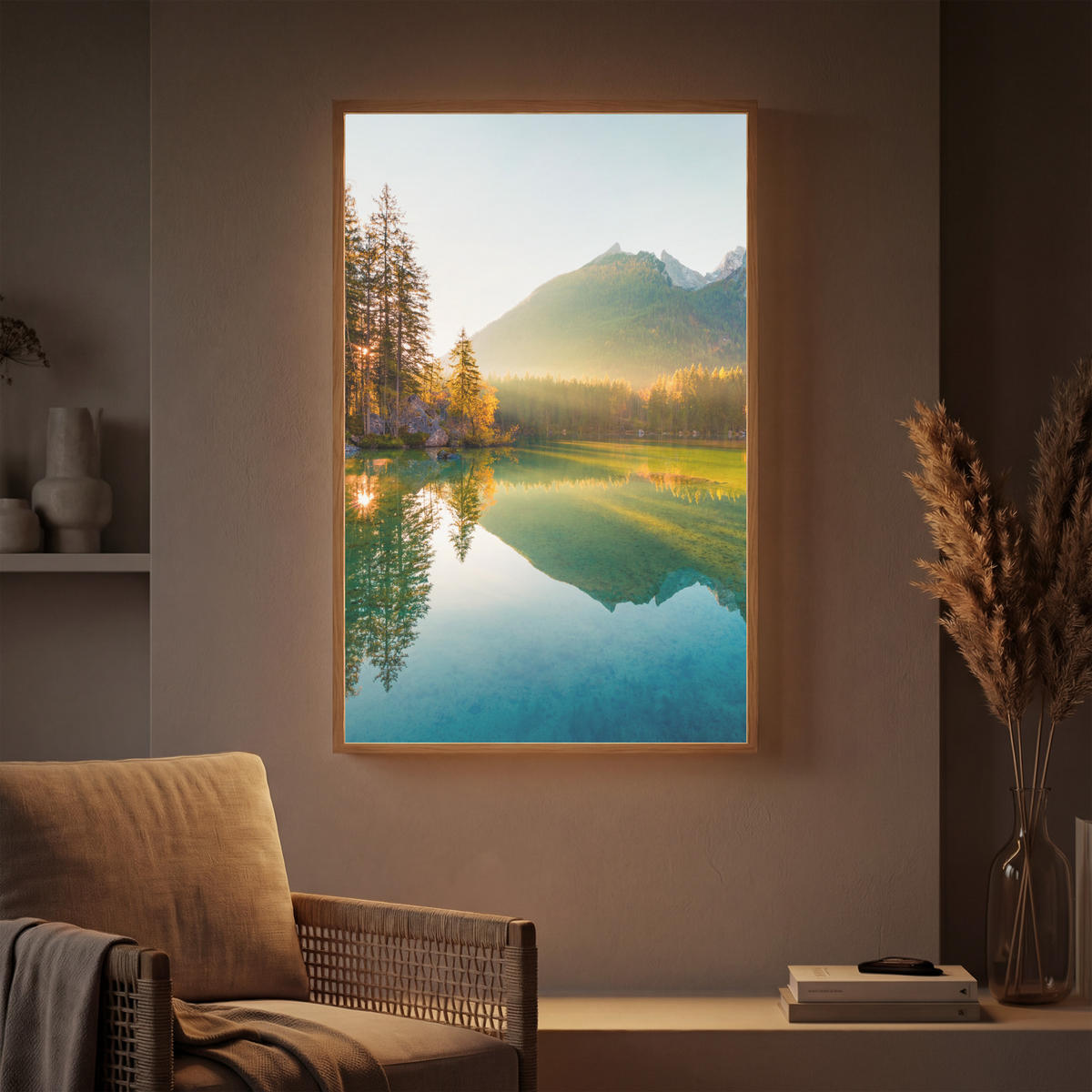 WANDLEUCHTE MIT AKKU See - Wald - Berge - Natur - Sonne - Landschaft 60x90 cm - Grün, Holzwerkstoff (60/90/8cm) - OnlyWow
