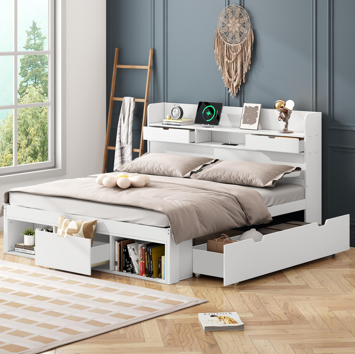 DVOJLŮŽKOVÁ postel 140/200 cm bílá z borovice s USB portem a úložným prostorem - bílá, kompozitní dřevo (140/200cm) - OKWISH