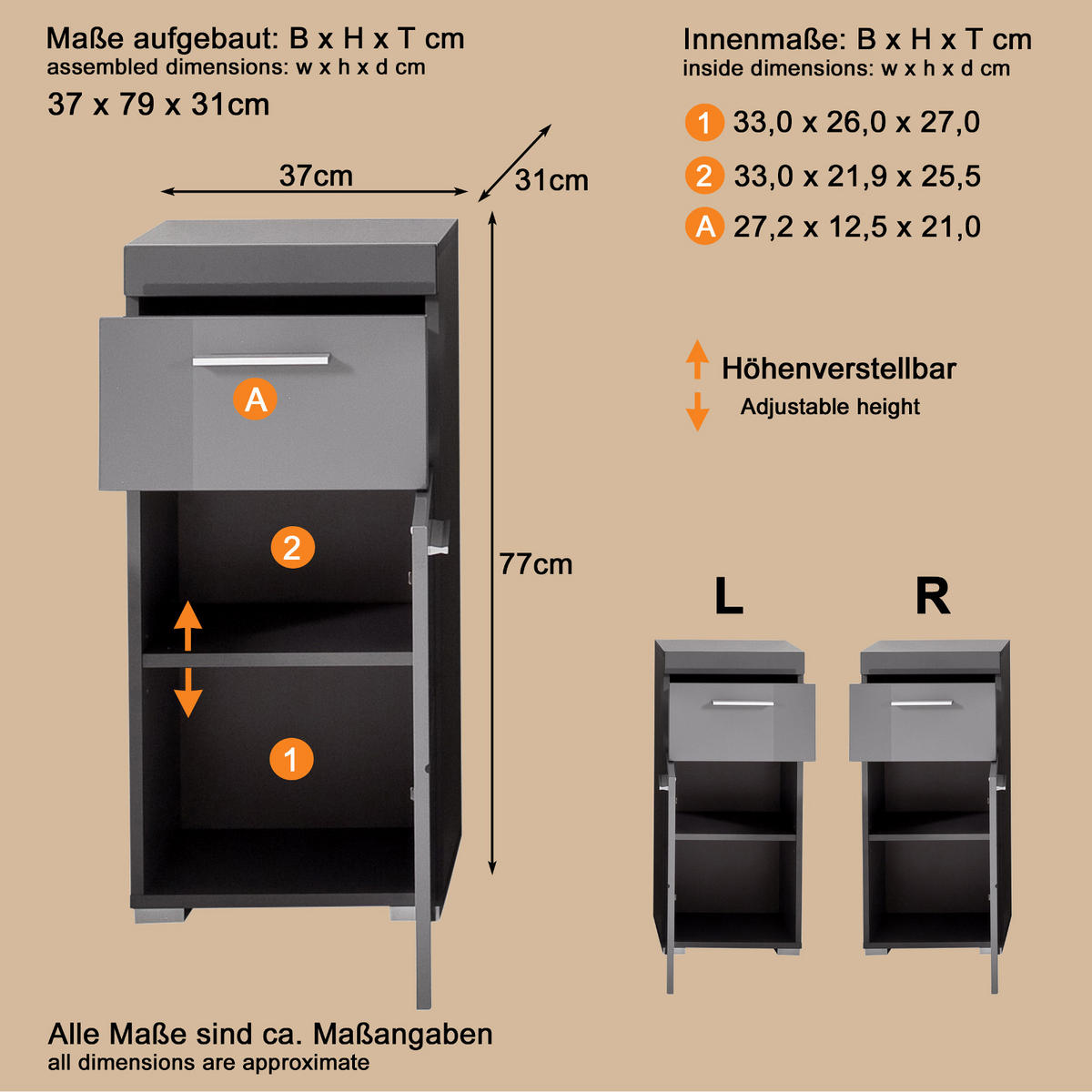 BADSCHRANK grau Hochglanz 37 x 79 cm, Badezimmer Kommode modern - Grau, Holzwerkstoff/Kunststoff (37/79/31cm) - Top.Furn