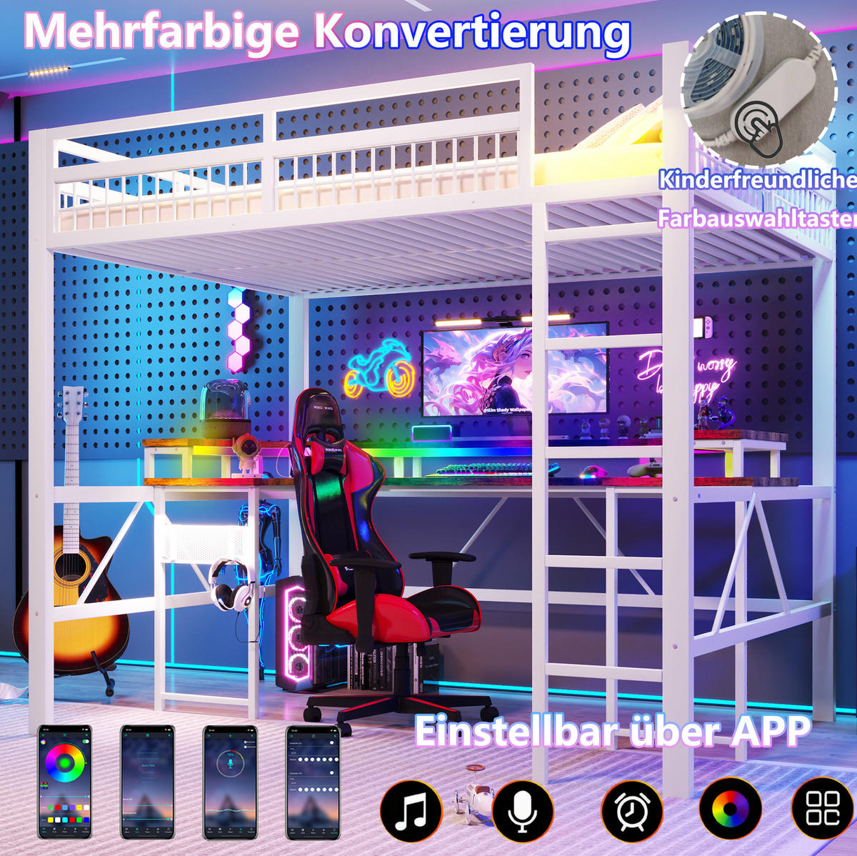 HOCHBETT 140/200 cm aus Metall und MDF mit Schreibtisch, LED-Lichtleiste und Ladeanschlüssen Weiß - Weiß, Metall (140/200cm) - Modenvie