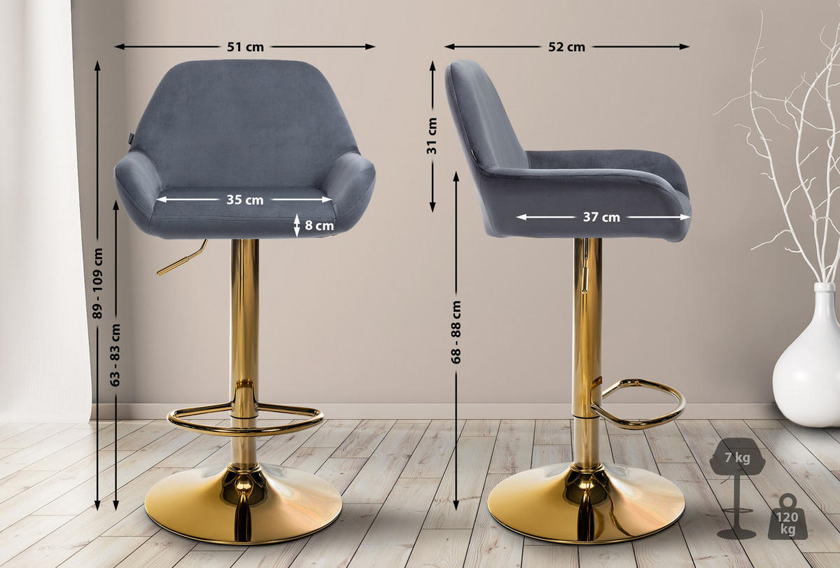 BARHOCKER 2er Set Prag Gold Samt dunkelgrau - Dunkelgrau/Goldfarben, Textil/Metall (51/109/52cm) - TPFLiving
