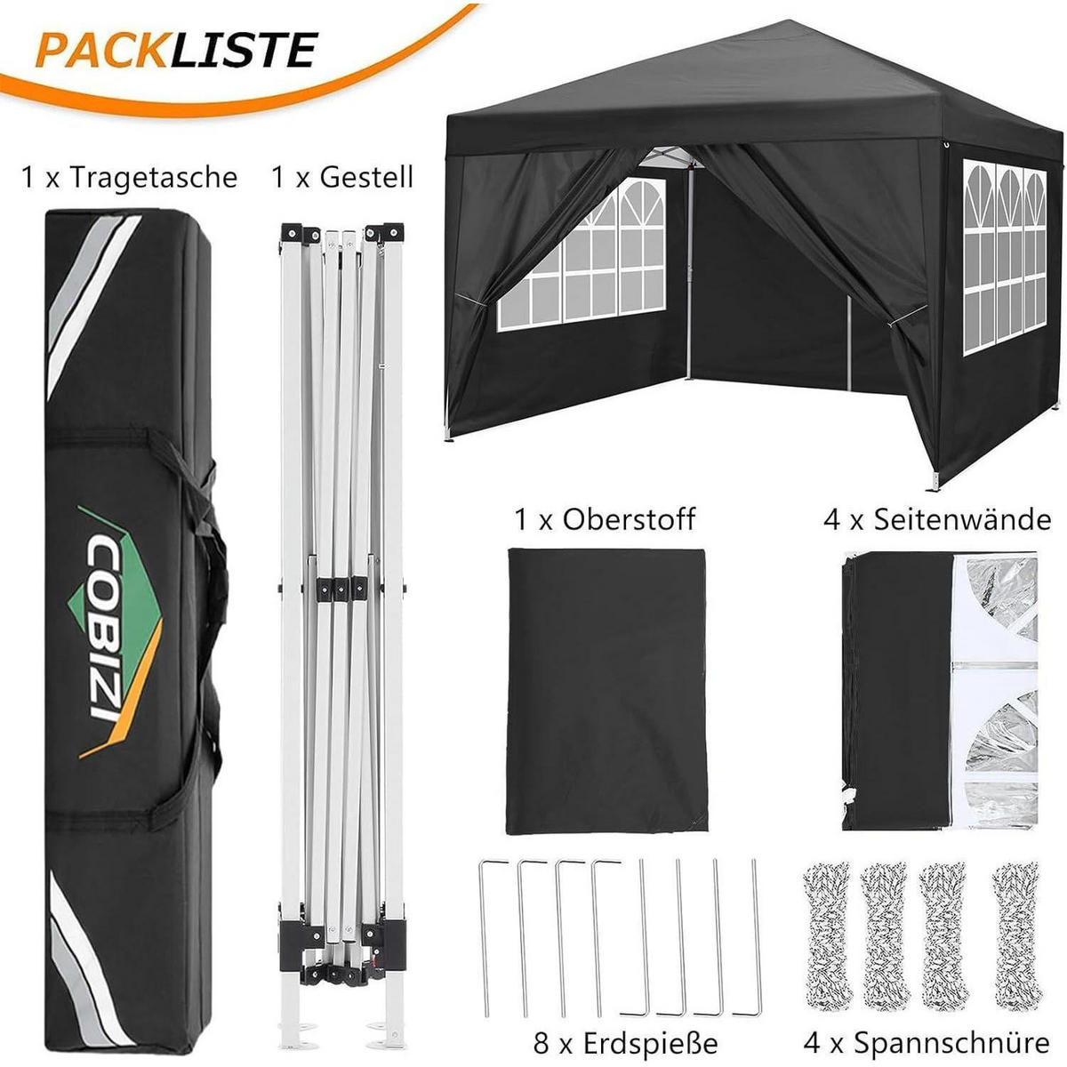 PAVILLON 3 x 3 m Schwarz mit 4 Seitenteilen - Schwarz, Textil (300/260/300cm)