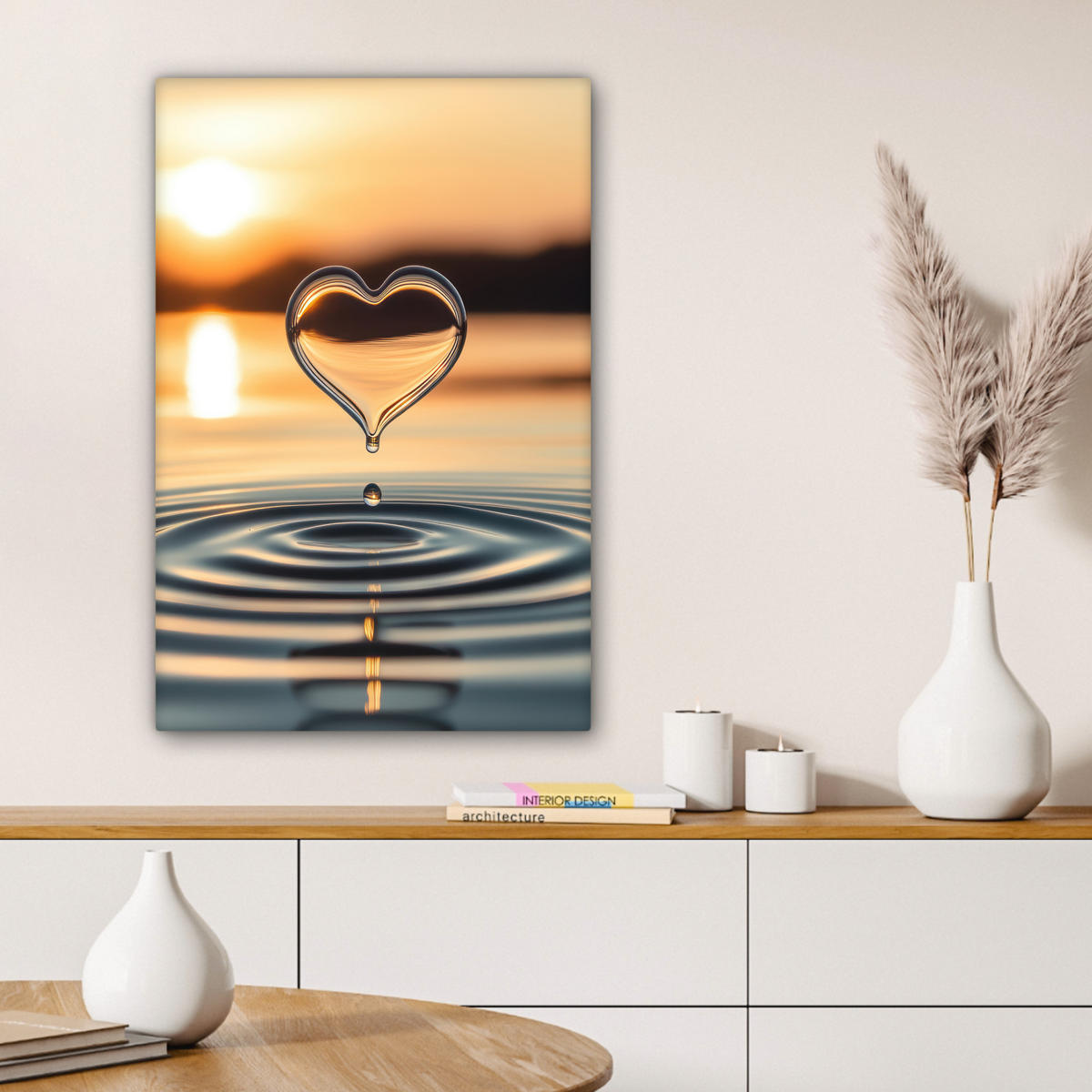 LEINWANDBILD - Herz - Wasser - Sonnenuntergang - Natur - Zen - 40x60 - Deko Schlafzimmer - Bernsteinfarben, Textil (40/60cm) - MuchoWow