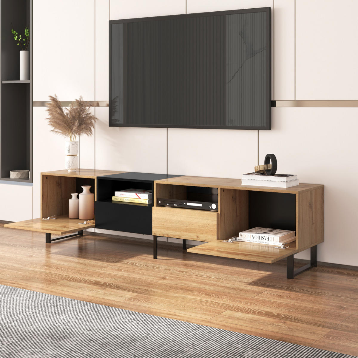 TV Lowboard 190x38x48 cm, 2 Türen, 2 Schubladen, Schwarz Holz - Schwarz, Holz (190/48/38cm)