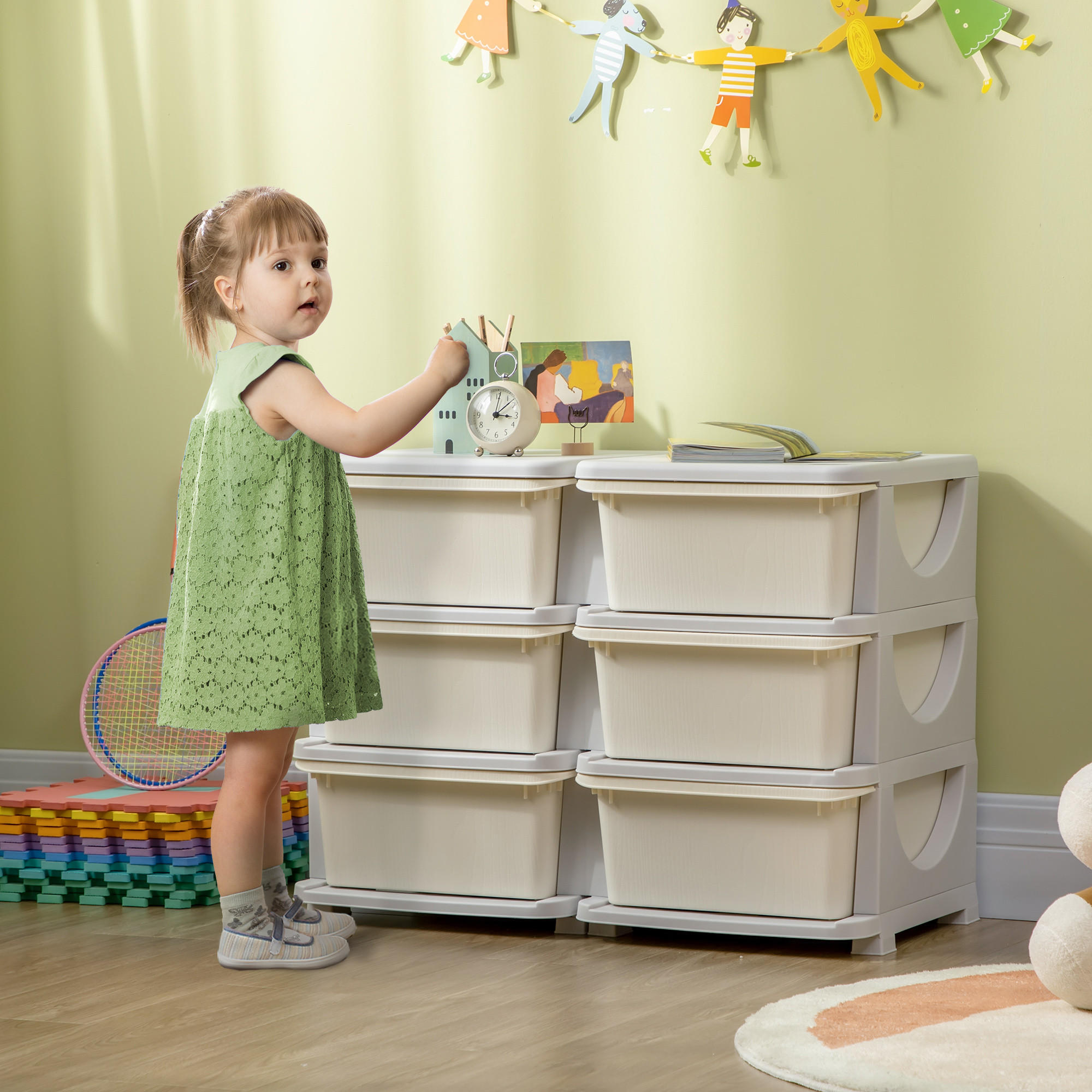 SCHUBLADENSCHRANK, Kunststoff, Cremeweiß/Grau, 75L x 37B x 56,5H cm - Creme/Weiß, Kunststoff (37/56.5/75cm) - HOMCOM