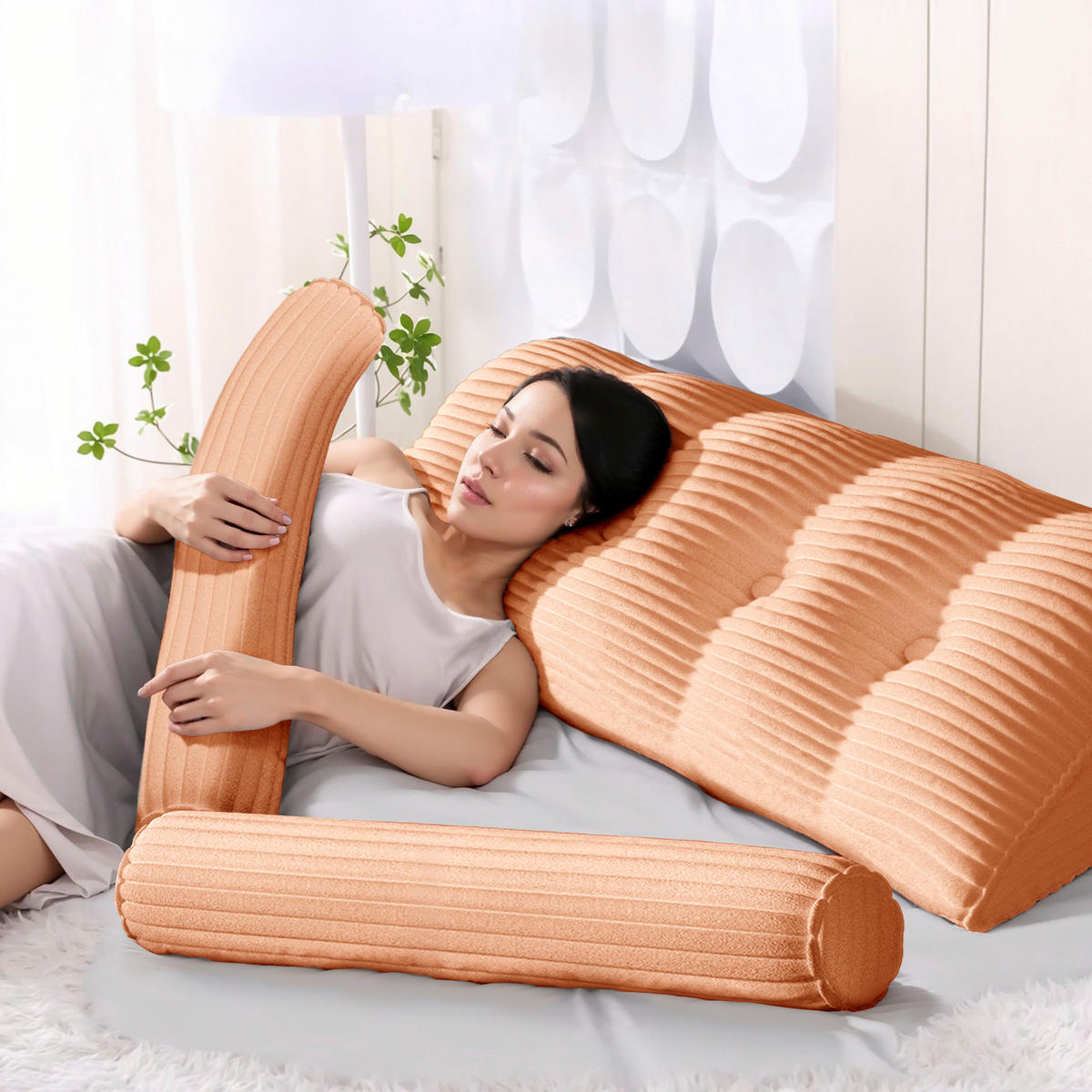 KEILKISSEN mit einem runden Kissen 2er-Set Gestreifter Samt Rosa 140cm - Pink, Textil (20/140cm) - Vercart
