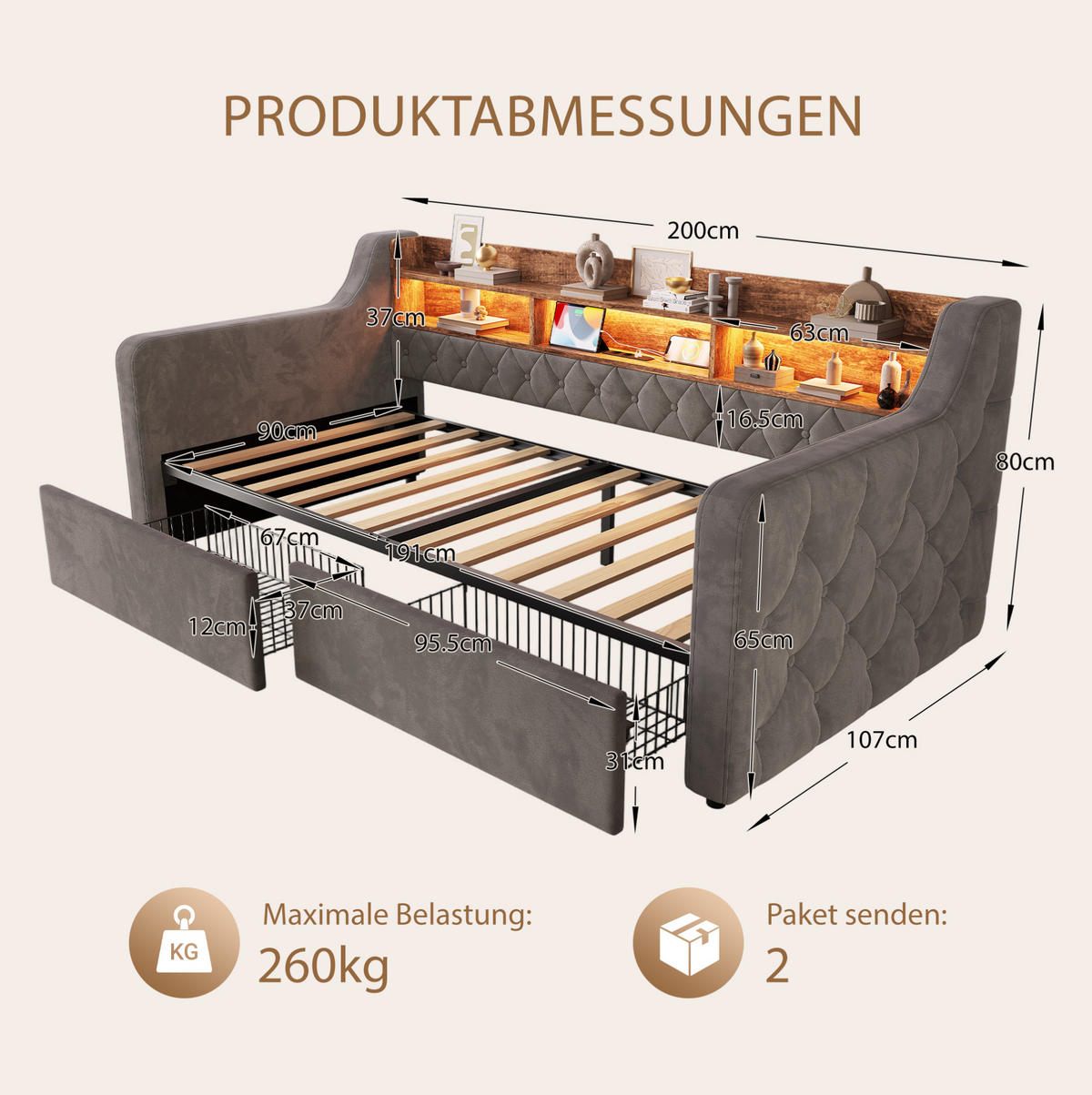 POLSTERBETT aus Velvet 90x190 cm Dunkelgrau mit LED-Beleuchtung, Ladeanschlüssen und 2 Schubladen - Dunkelgrau, Textil (90/190cm) - Modfu