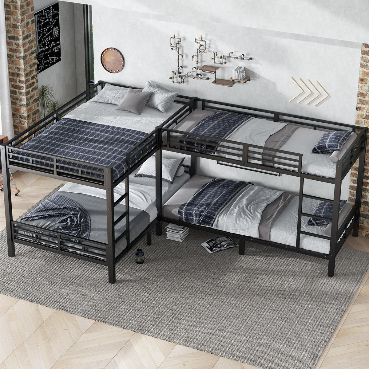 ETAGENBETT aus Eisen und Holz 90x200/140x200 cm Schwarz mit dreistufiger Leiter und stabilem Lattenrost - Schwarz, Metall (90/200cm) - Modfu