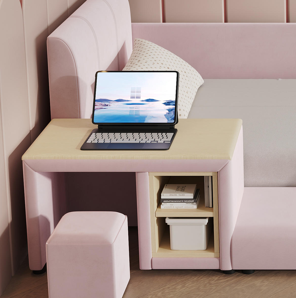 BETT 90/200 cm in Pink mit Schreibtisch, Hocker und Ablageboden - Rosa, Textil (90/200cm) - Flora Grace