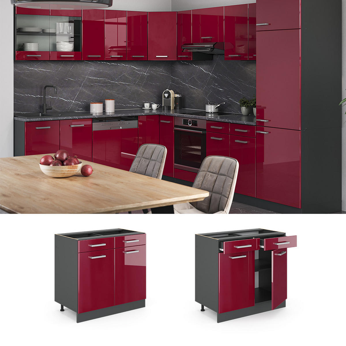 KÜCHENUNTERSCHRANK R-Line Rot Hochglanz 80 cm ohne Arbeitsplatte - Anthrazit/Rot, Holzwerkstoff (80/81.6/46cm) - Vicco