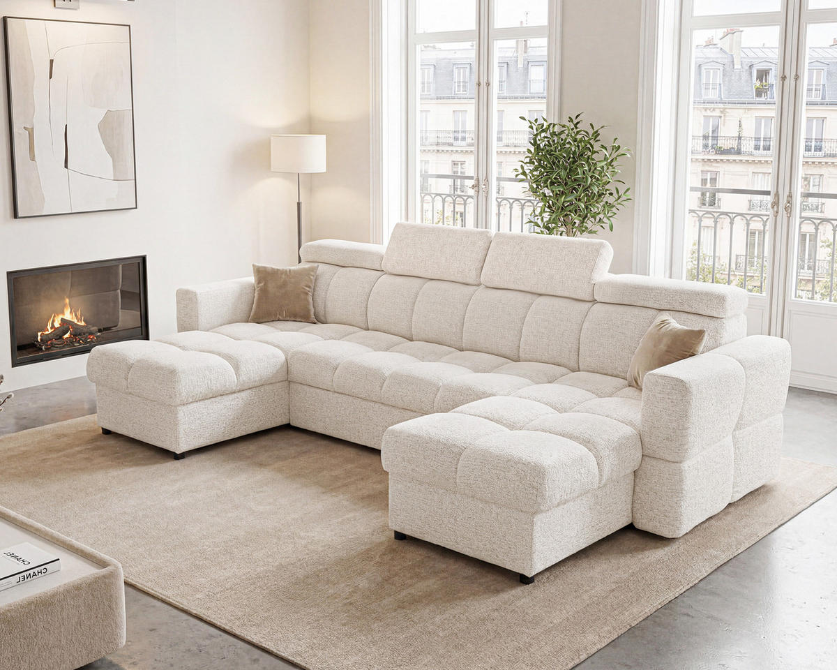 WOHNLANDSCHAFT BELUNO mit Schlaffunktion und Bettkasten Beige - Beige/Schwarz, Kunststoff/Textil (302/84/160cm) - Idohome