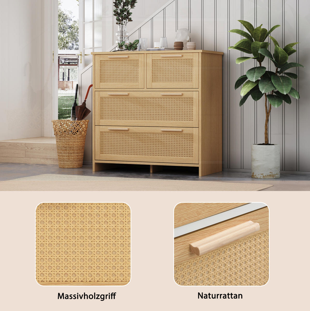 KOMMODE 80/38/80 cm mit 4 Schubladen und Rattanfronten - Naturfarben, Holzwerkstoff (38/80/80cm) - BEAOK