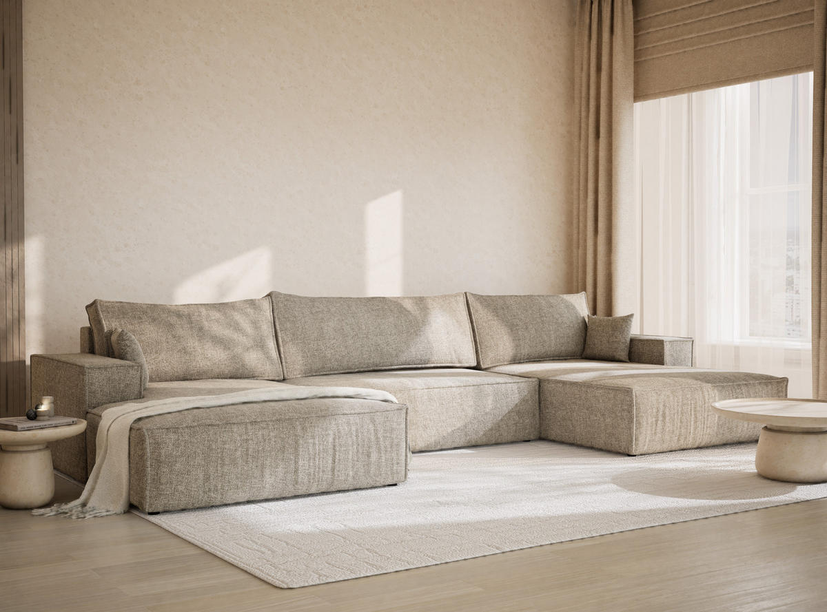 WOHNLANDSCHAFT Kyoto Beige Chenille-Stoff - Beige/Schwarz, Holz/Holzwerkstoff (398/70/148cm) - Maison de Reve