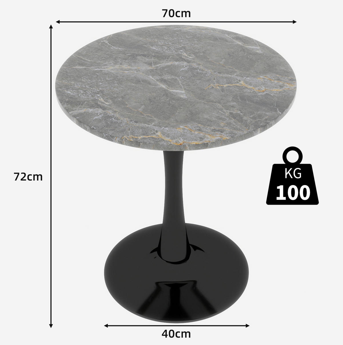 COUCHTISCH 70,1 cm in Schwarz/Grau mit runder Tischplatte in Marmoroptik - Grau, Stein (70/70/72cm) - BEAOK