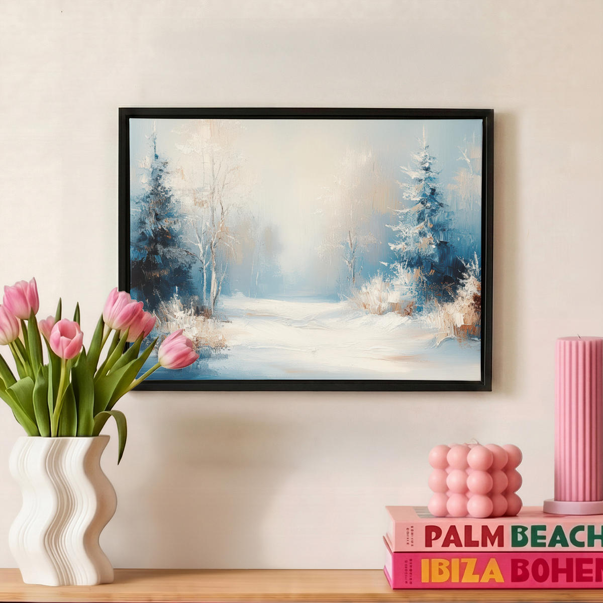 LEINWAND Bilder mit Rahmen - Wald – Winter – Natur – Abstrakt – Schnee - 40x30 - Weiß, Textil (40/30cm) - MuchoWow