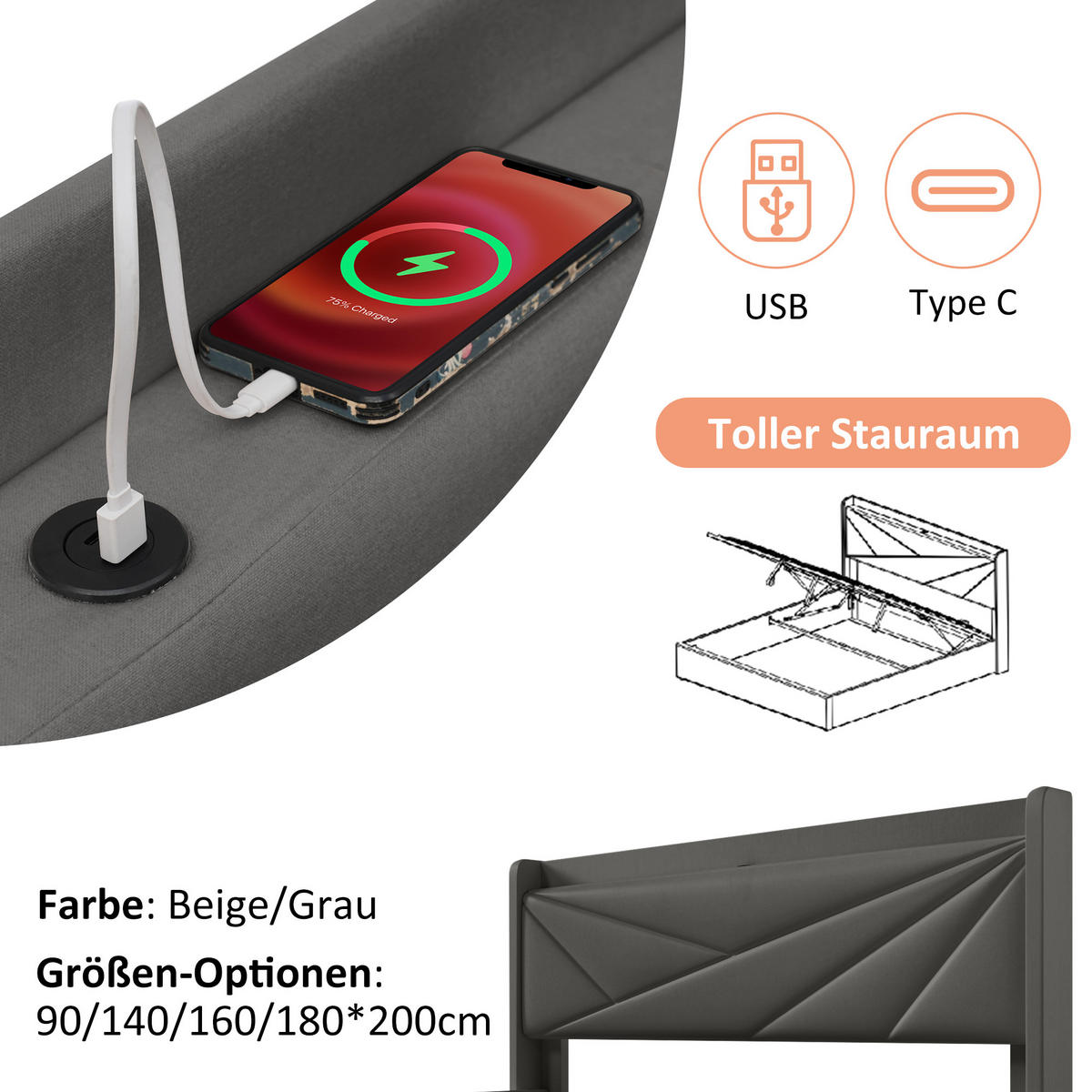 POLSTERBETT 90/200 cm in Grau Leinen mit Bettkasten, USB und Type-C - Grau, Holzwerkstoff/Textil (90/200cm) - CHICFURN