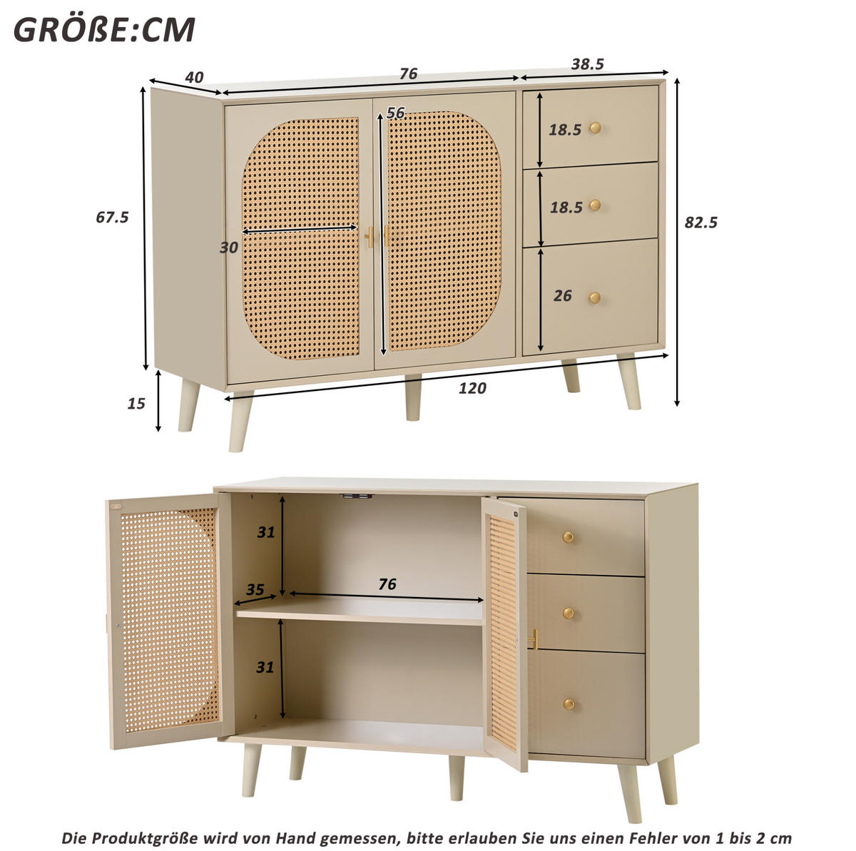SIDEBOARD 120/40/82,5 cm mit 2 Türen & 3 Schubladen in Offwhite - Weiß, Holzwerkstoff (120/82.5/40cm) - BEAOK