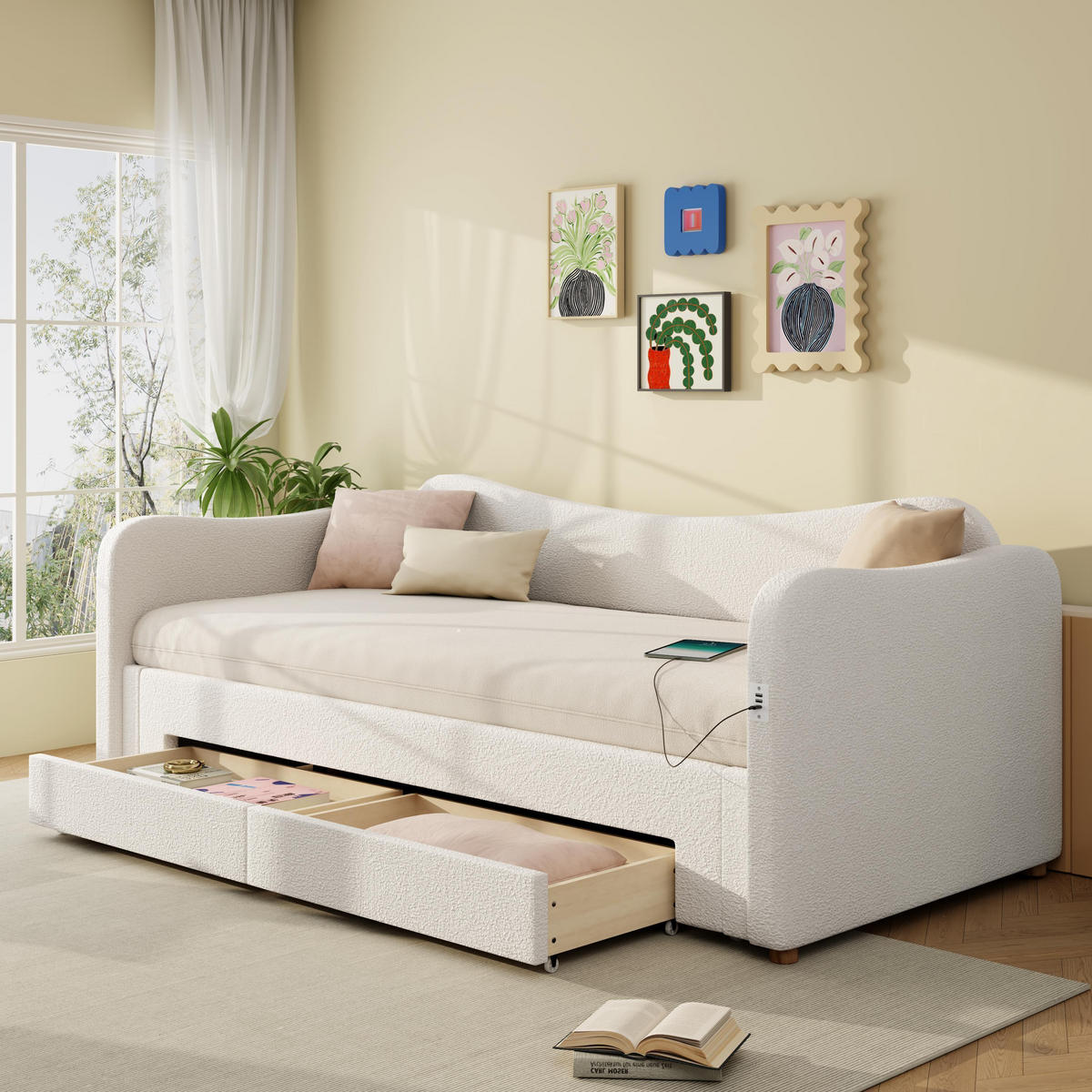 POLSTERBETT 90x200cm mit USB-Anschluss in Beige Bouclé - Beige, Holz/Textil (90/200cm) - KOMHTOM