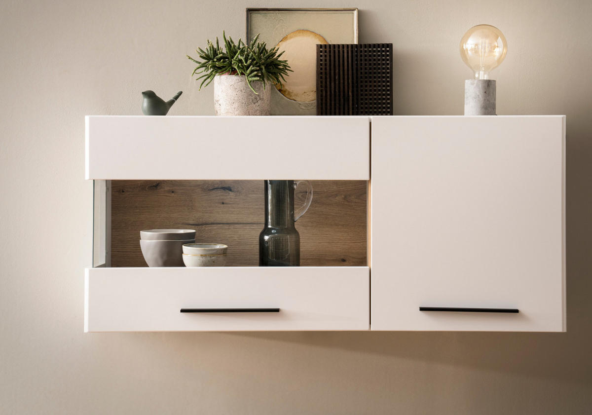 HÄNGEVITRINE weiß matt, Evoke Eiche, Vitrine hängend 120 cm, Soft-Close-Funktion - Eichefarben/Schwarz, Glas/Holzwerkstoff (120/54/35cm) - Furn.Design