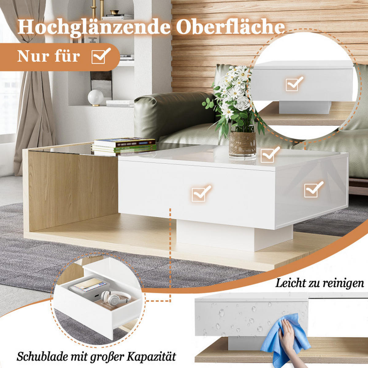 WOHNZIMMERTISCH Hochglanz 105x55x32 cm, Glasplatte, Ablagefach, Modern - Naturfarben, Holz (55/105/32cm) - PARAFTA HOME