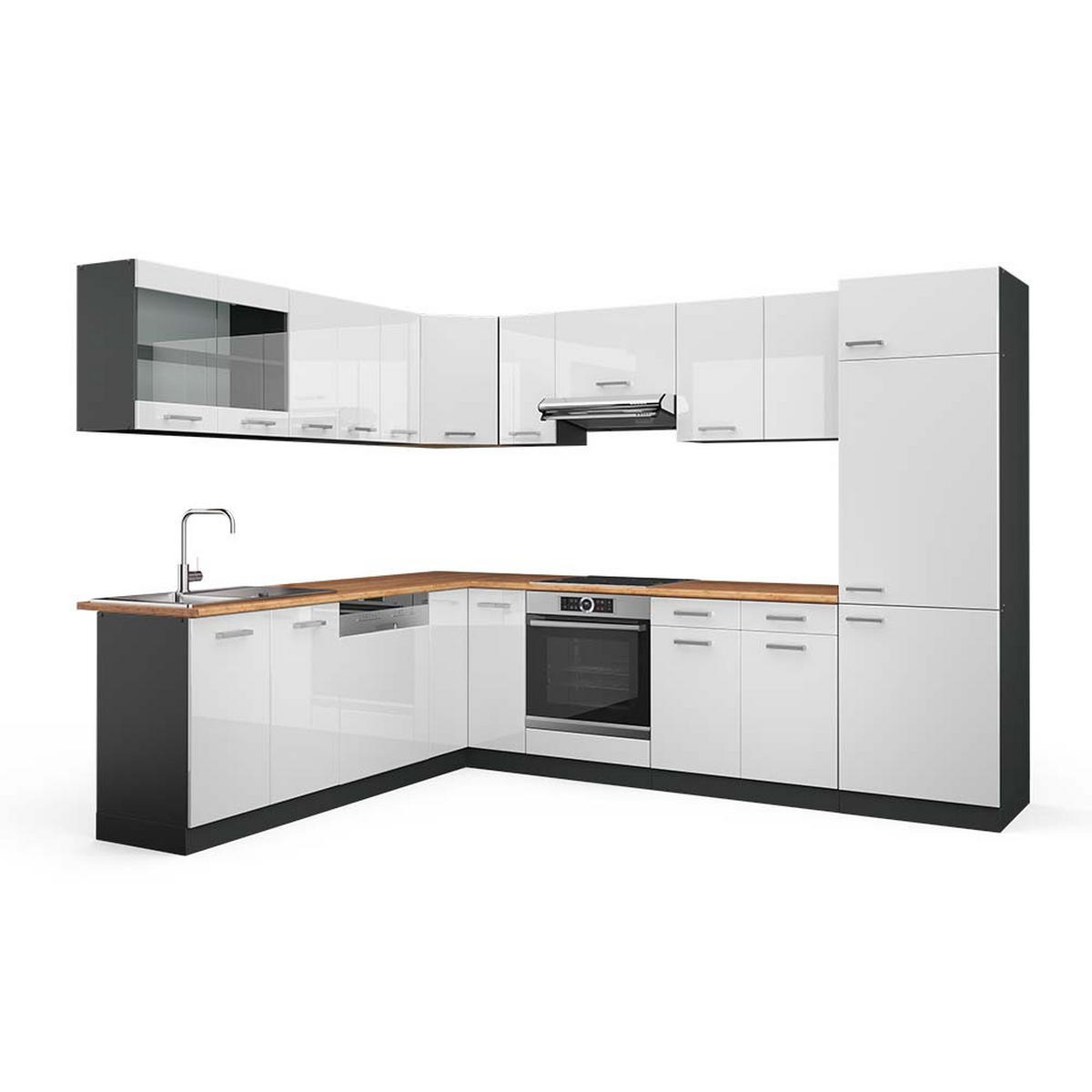 ECKKÜCHE R-Line Weiß Hochglanz/Anthrazit 227 x 287 cm, AP Eiche - Weiß Hochglanz/Anthrazit, Holzwerkstoff (287/81.6/60cm) - Vicco