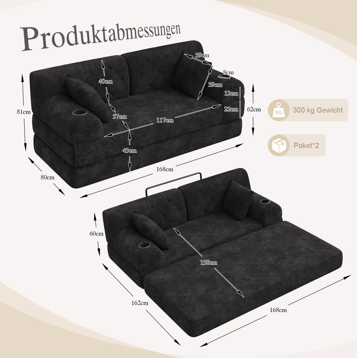 SCHLAFSOFA mit hoher Rückenlehne 168 x 80 x 81 cm Schwarz - Schwarz, Kunststoff (80/81/168cm) - Meubliv