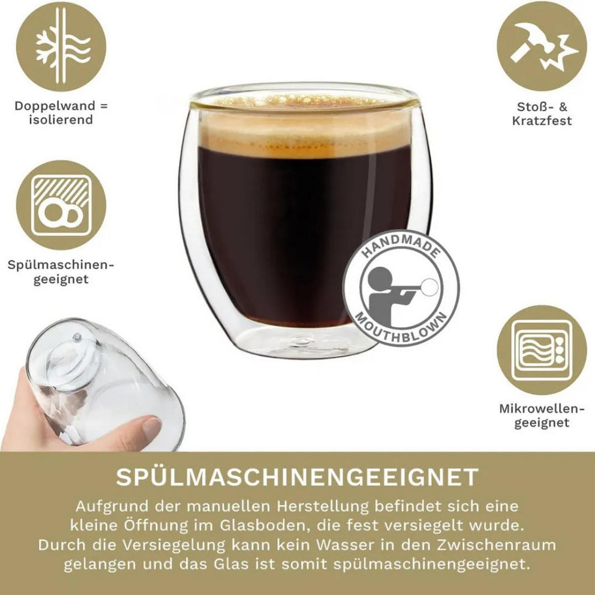 THERMOGLÄSER Transparent 6-tlg, doppelwandig, 80 ml, Borosilikatglas, hitzebeständig, Trinkgläser, Espressogläser, Heißgetränke, Küchenzubehör, modern - Transparent, Glas - JUNG