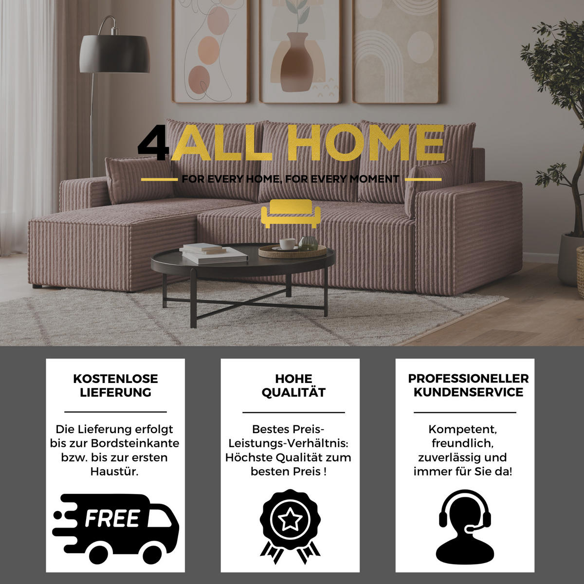 ECKSOFA Tobi mit Bettkasten und Schlaffunktion, L-Form, Cordstoff, Universal - Roségold, Holzwerkstoff (246/145cm) - 4ALL HOME