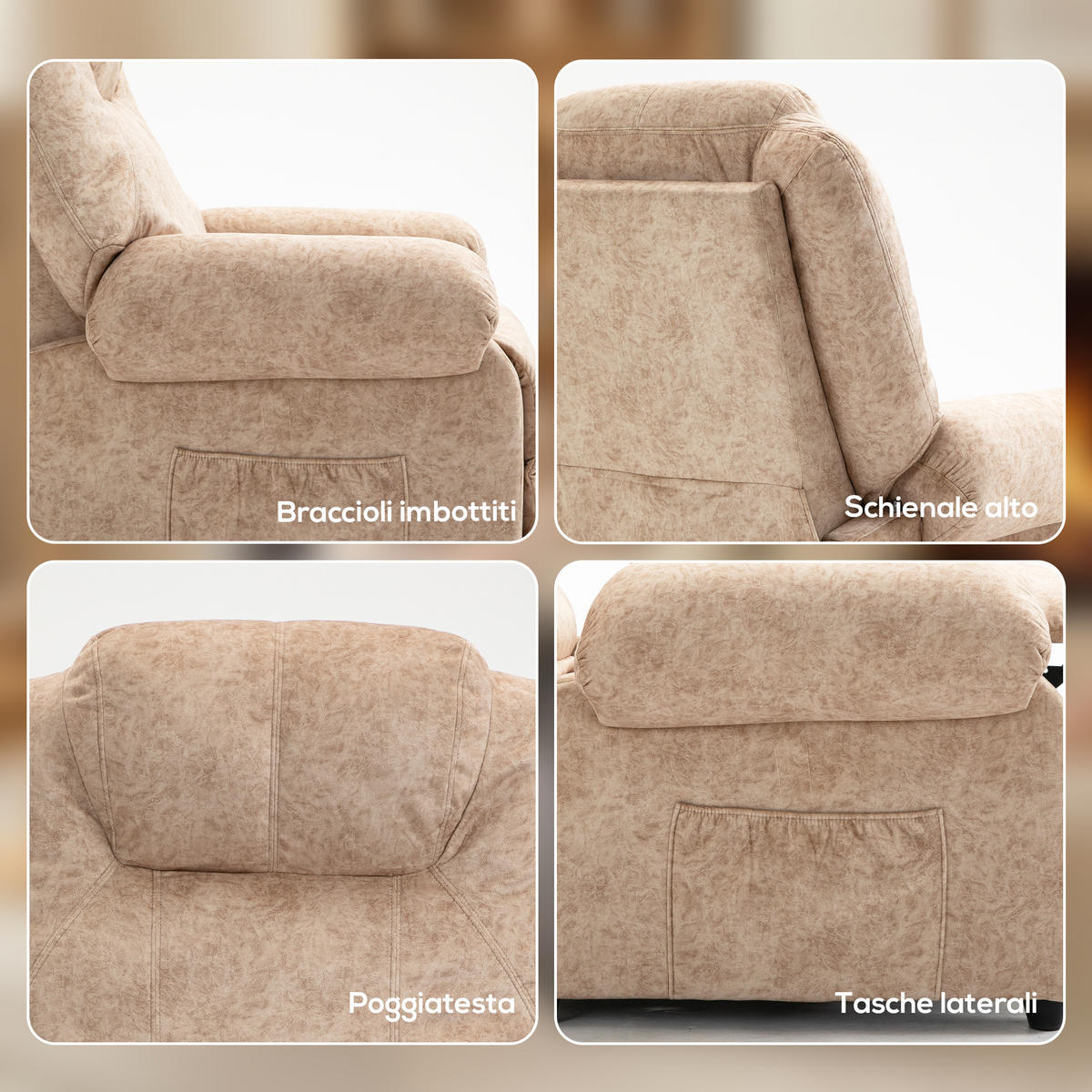 RELAXSESSEL,MANUELL Stoff ausziehbare Fußstütze Seitentasche,beige - Beige, Textil (91/108/88cm) - Vallsero