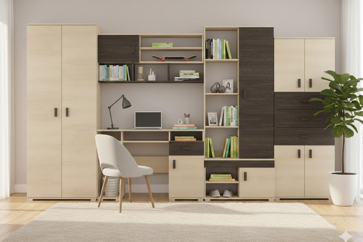 KINDERZIMMER-SET NICO Wohnwand 350/202 cm in Esche / Eiche Canterbury - Eichefarben/Eschefarben, Holzwerkstoff (350/202/52cm) - Deine Möbel 24