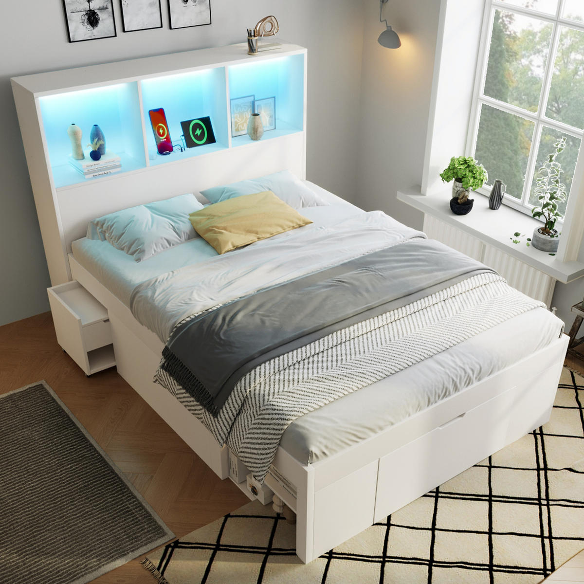 BETT 90/200 cm in Weiß mit Kopfteil, Stauraum, LED und inkl. Matratze - Weiß, Holzwerkstoff (90/200cm) - BEAOK