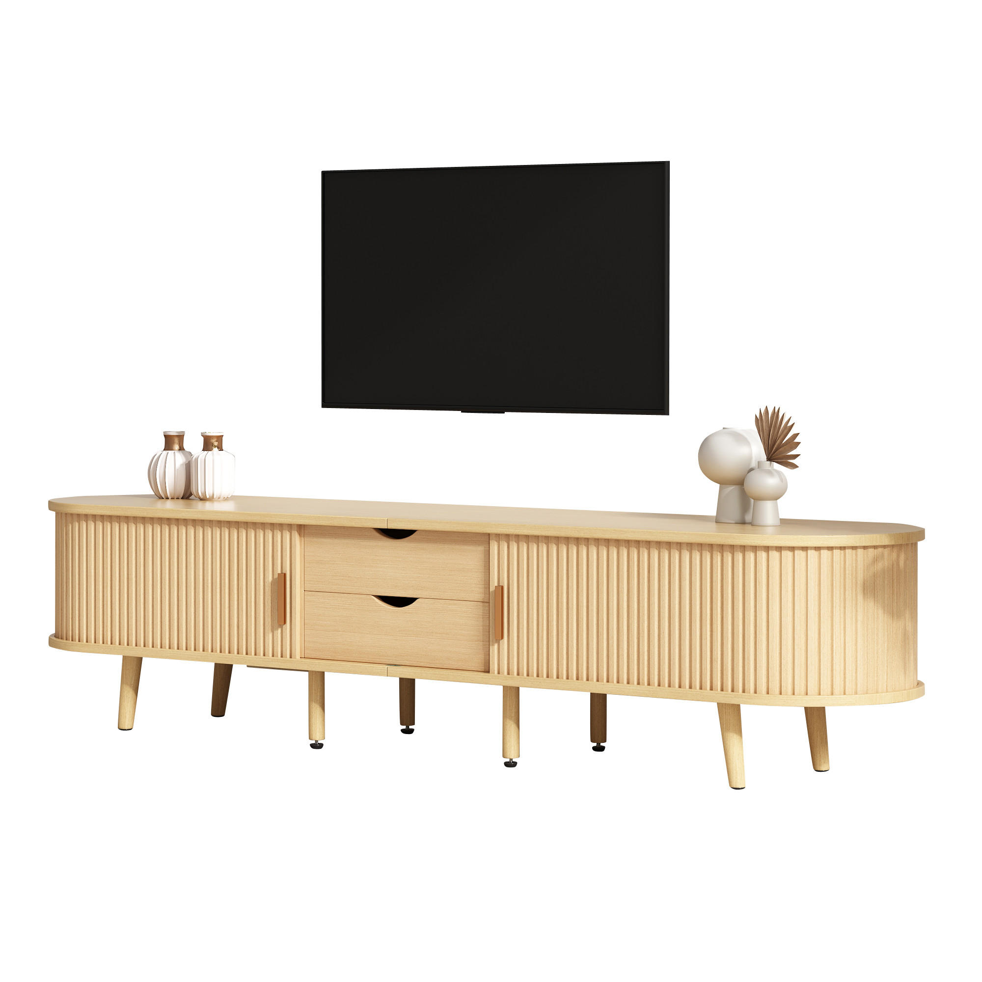 STILVORA TV STOLEK v přírodní barvě se zásuvkami a teleskopickými dvířky do obýváku, 175×40×42 cm