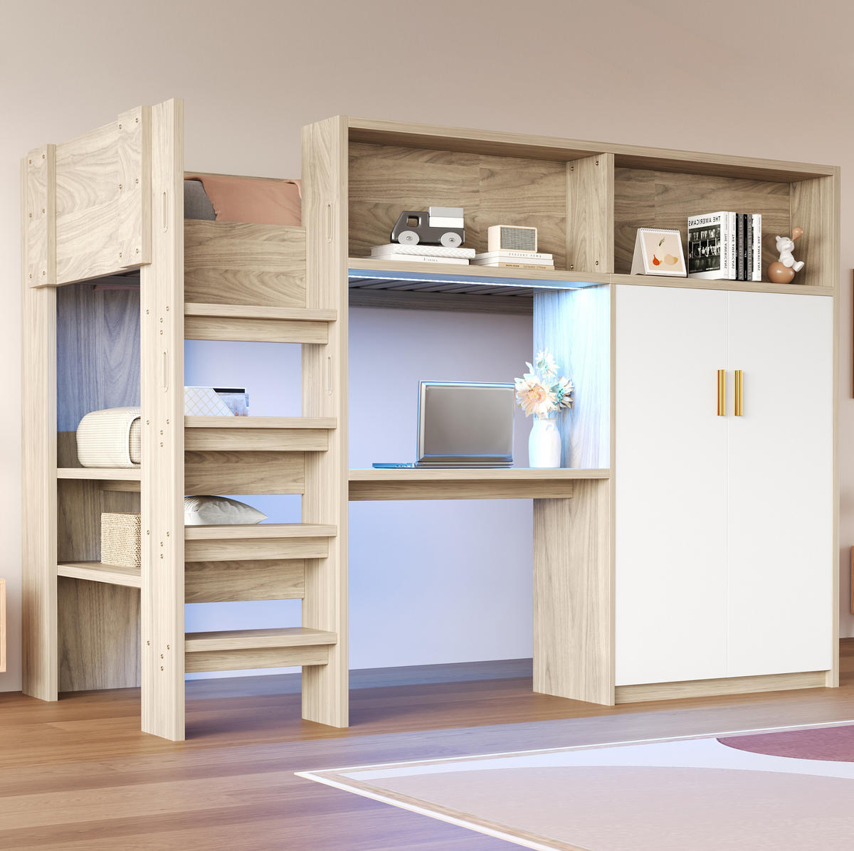 HOCHBETT 90/200 cm mit Schreibtisch, Kleiderschrank, Regal, LED und Lattenrost aus Holzwerkstoff, Naturfarben/Weiß - Naturfarben, Holzwerkstoff (90/200cm) - Redom
