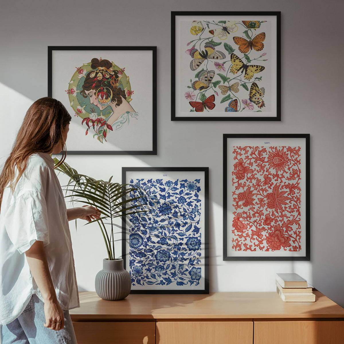 BILDER SET 4er Set - 50x50 cm & 40x60 cm Schwarzer Rahmen - Vintage-Blumen-Schmetterlings-Ornamente - Schwarz, Kunststoff (50/50cm) - TULUP